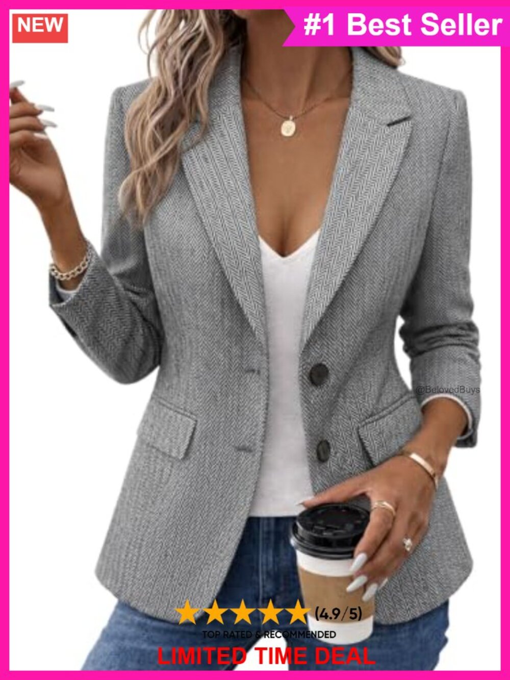 Women's Herringbone Tweed Blazer Notch Lapel Work Office Coat
